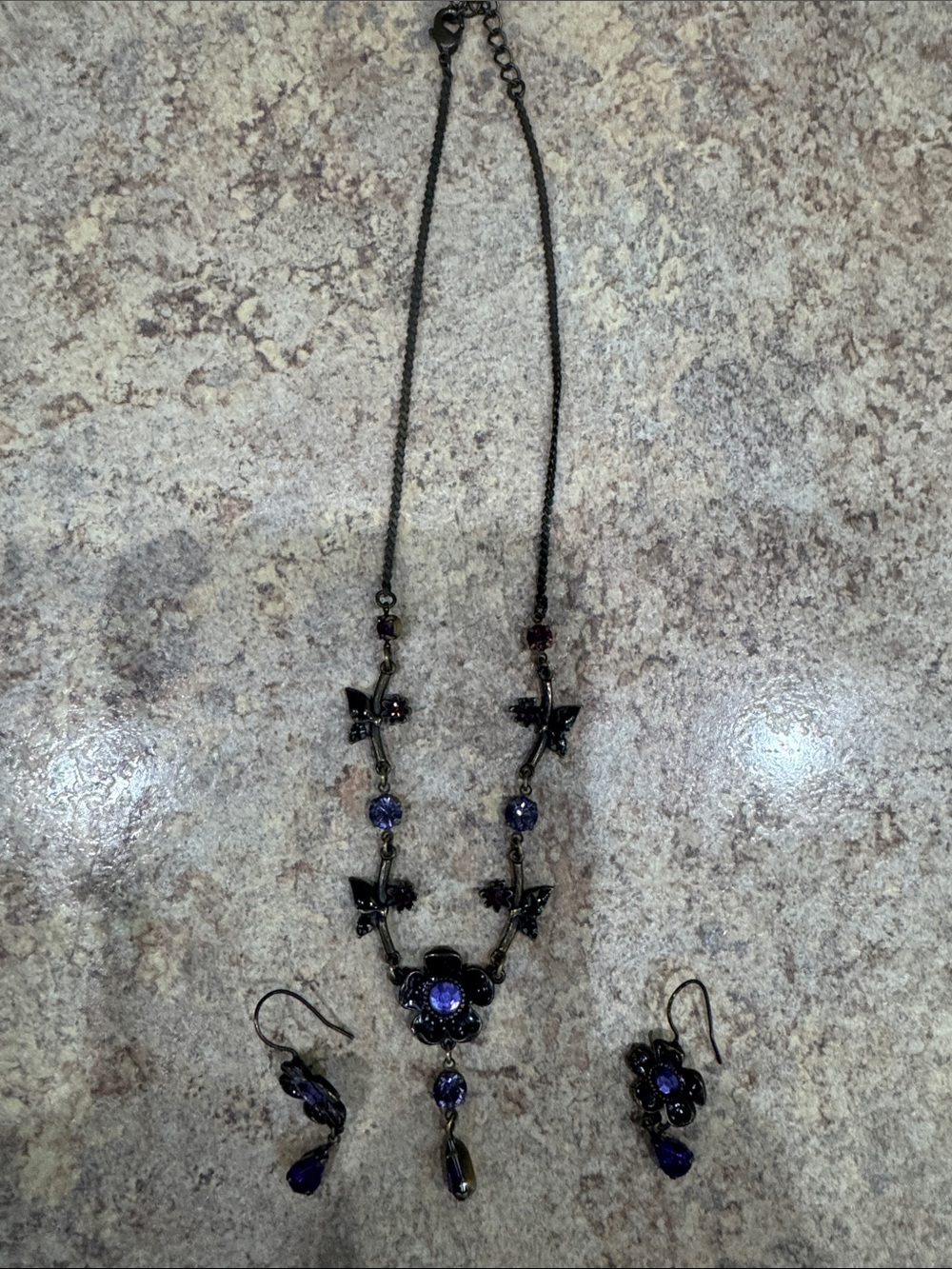 Avon Black Necklace and Earring Set with Purple Crystals